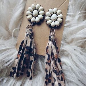 NEW White Turquoise Leather Tassel Western Boho Fringe Earrings